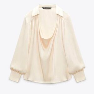 Zara Cream Fluid Neckline Satin Effect Blouse